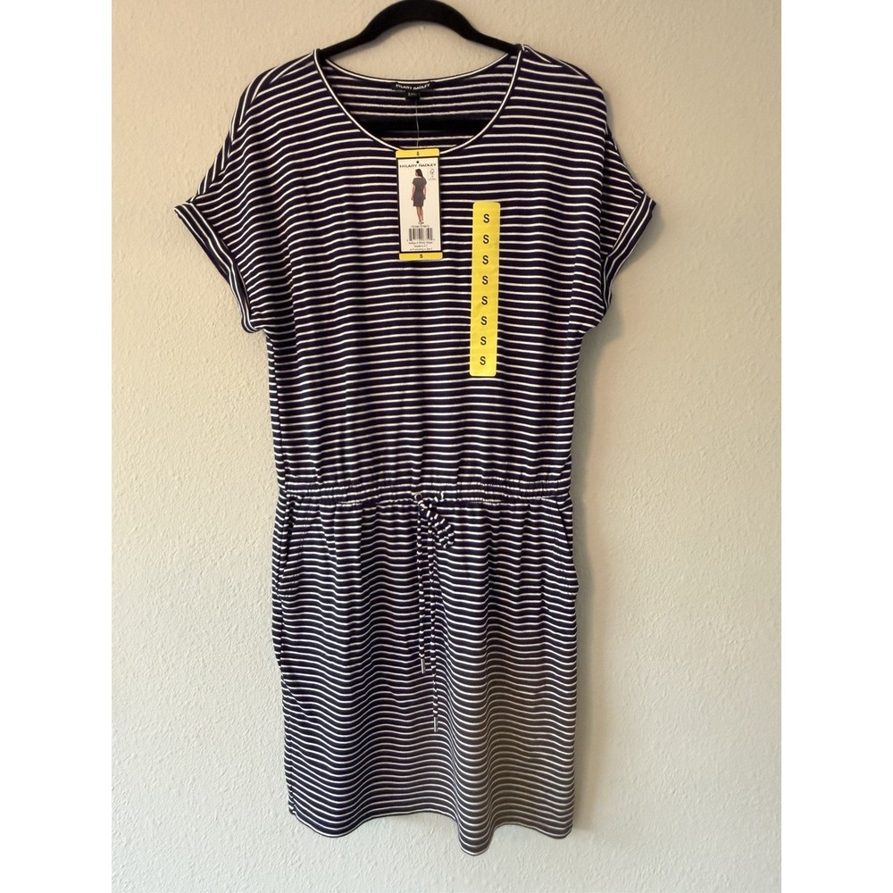 Hilary Radley Ladies' Short Sleeve Dress‎ Elastic Tie Waist Navy Blue Striped